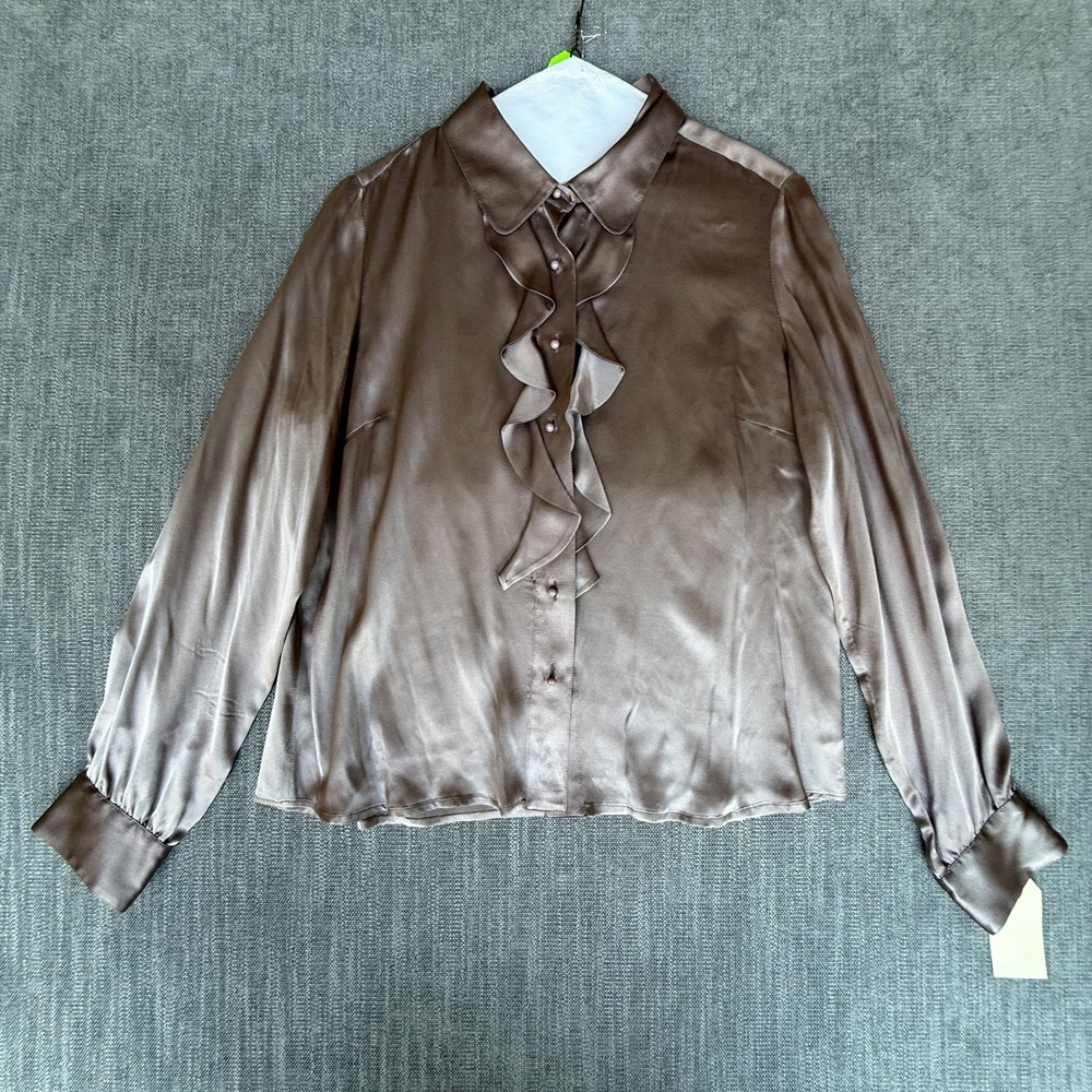 GERARD DAREL Shirt Top Womens 42 Metallic Silk Long Sleeve Ruffle Button Front